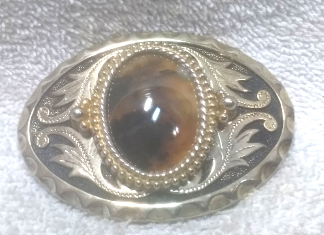 Dark Brown Oval Mosaic Stone Center Buckle Gold Silver Frame Great Shape