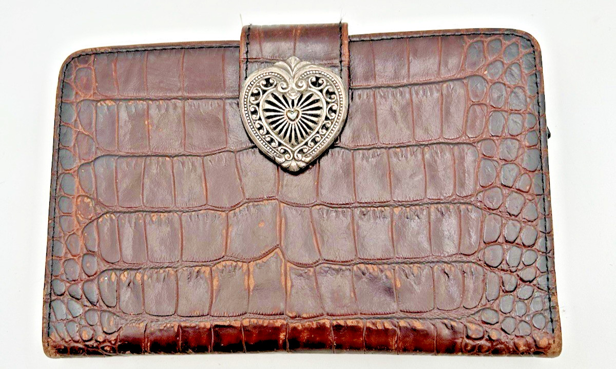 Brighton Croc-Embossed Red Leather Organizer Wallet Bi-Fold Silver Heart Purse