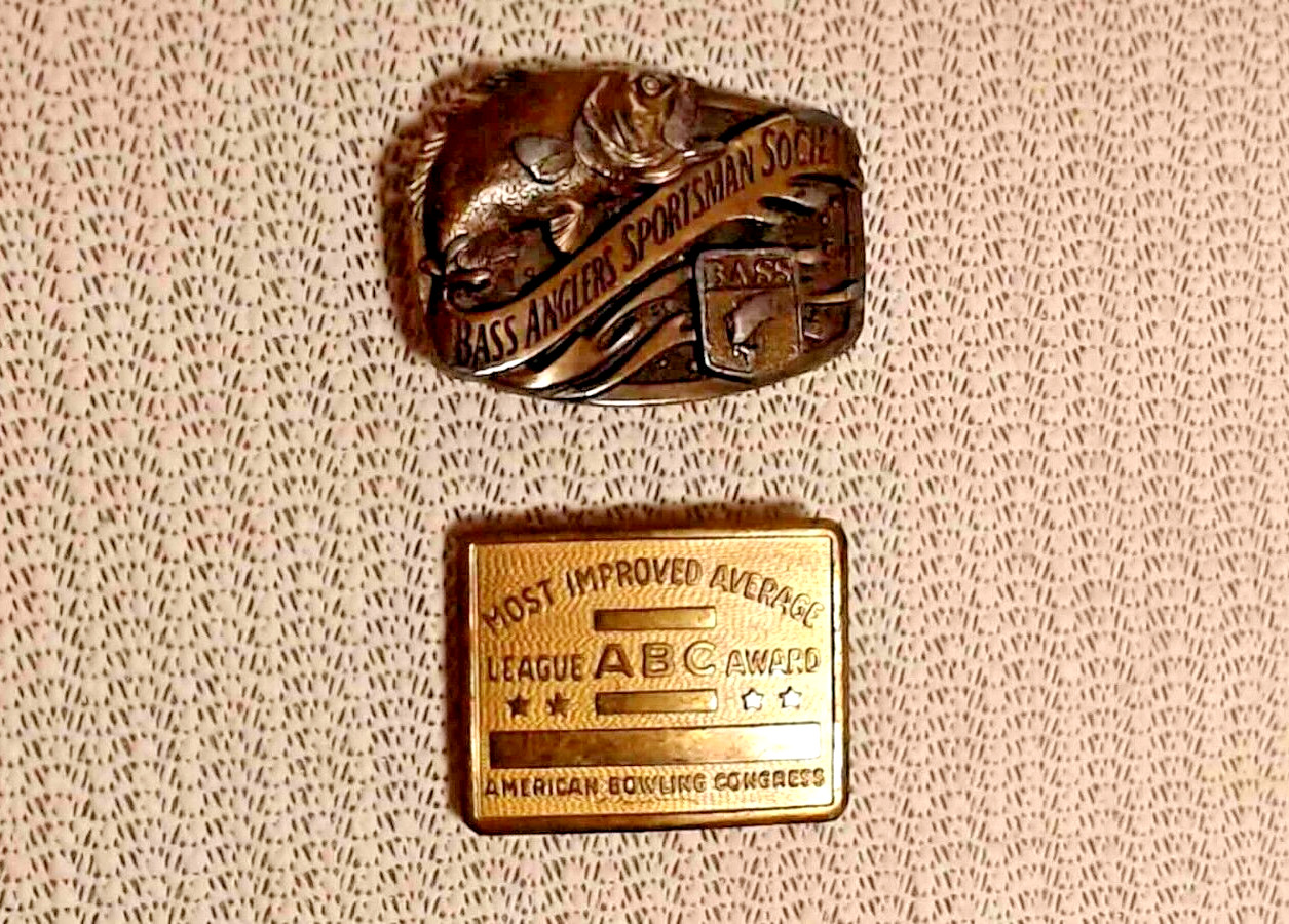 Bass Anglers sportsman society and American bowling congress belt buckles