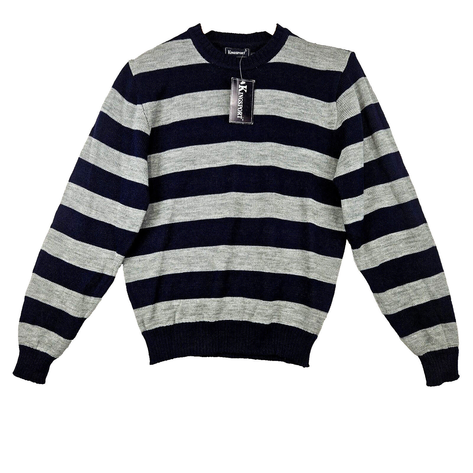 VTG Kingsport Sweater Mens L Blue Gray Striped Acrylic Crewneck 80s NWT