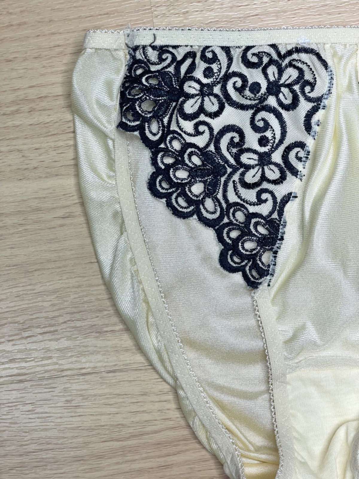 Vintage Light Yellow Nylon Panty Slippery High Leg Briefs Black Lace Bikini Sz.5
