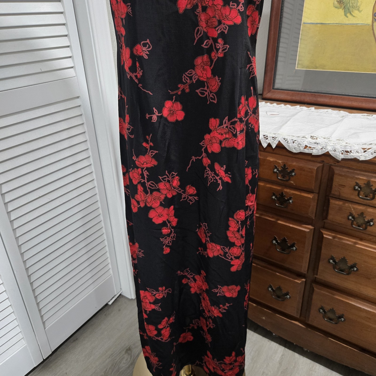Y2K 90s Cherry Blossom Asian Print High Neck Midi Slip Dress Size 12 Goth Grunge