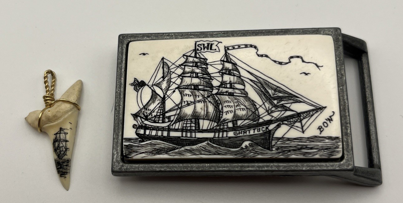 Lot of 2 Scrimshaw Nautical Set Belt Buckle & Wire Wrapped Shark Tooth Pendant