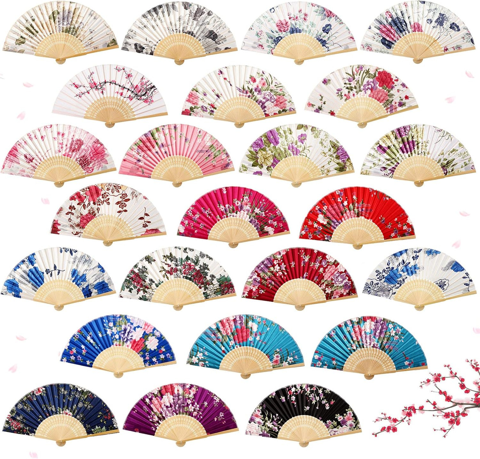 Decorative Folding Hand Fans 24 Pieces Floral Chinese Style Bamboo Rib for Women