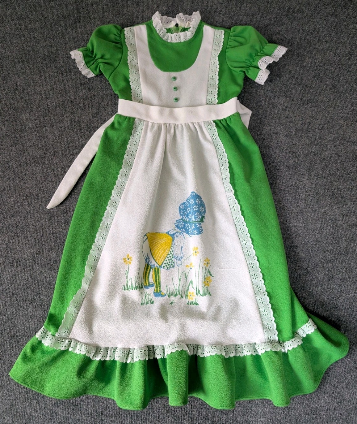Vintage Girls Pinafore Dress Holly Hobby Praire Cottagecore Green Lace