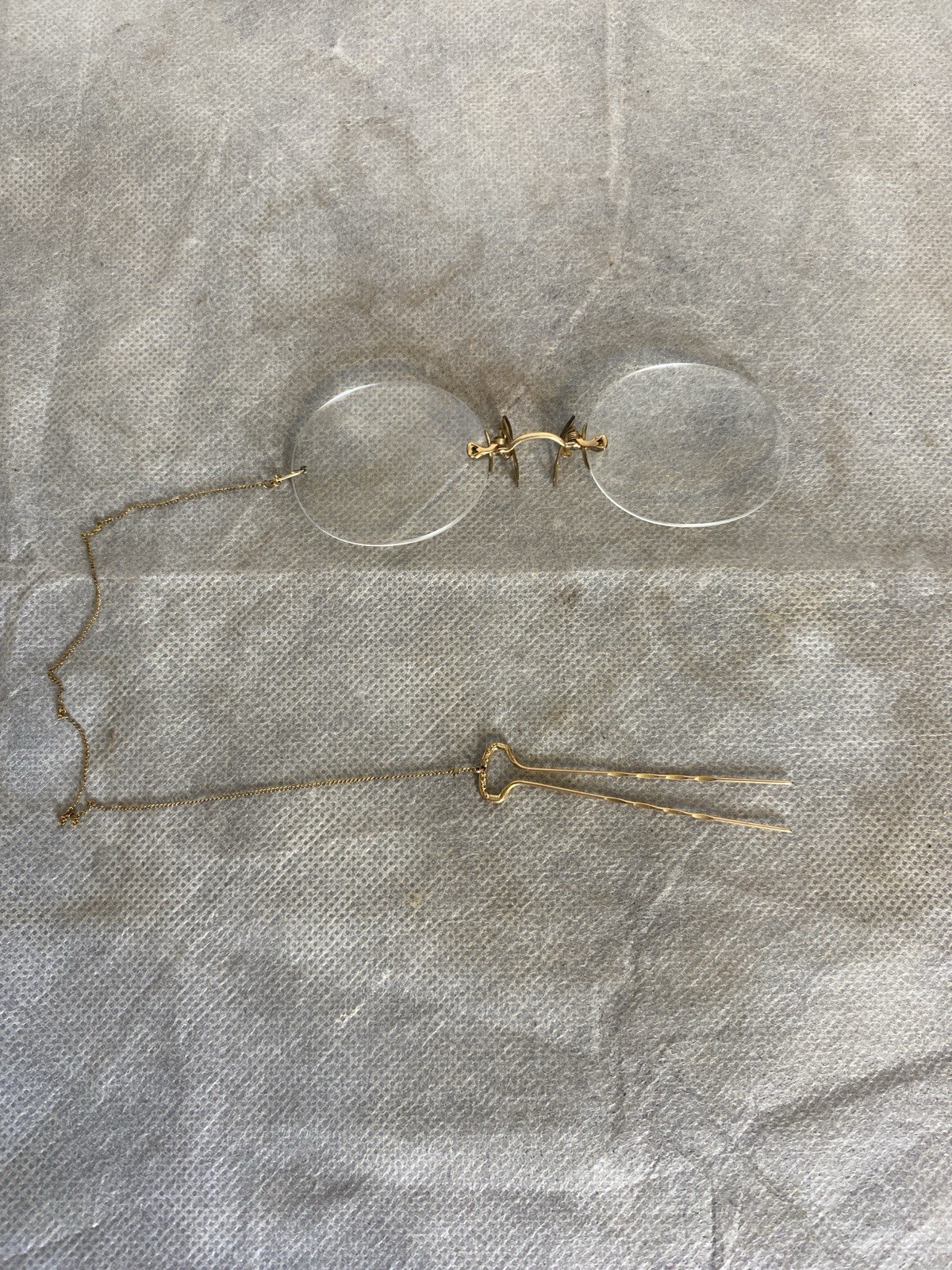 Antique Pince Nez Eyeglasses Gold Fill With Chain & Hair Pin Rimless C.1900 NM