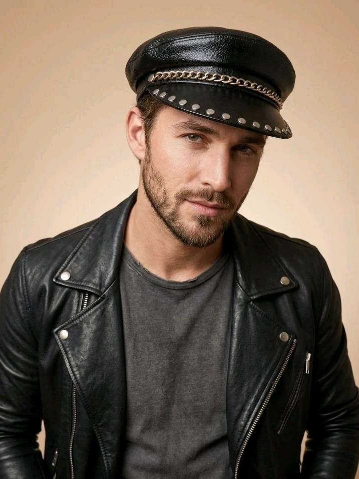 Vintage Black Leather Biker Cap Hat Studded Chain Motorcycle Captain Made in USA