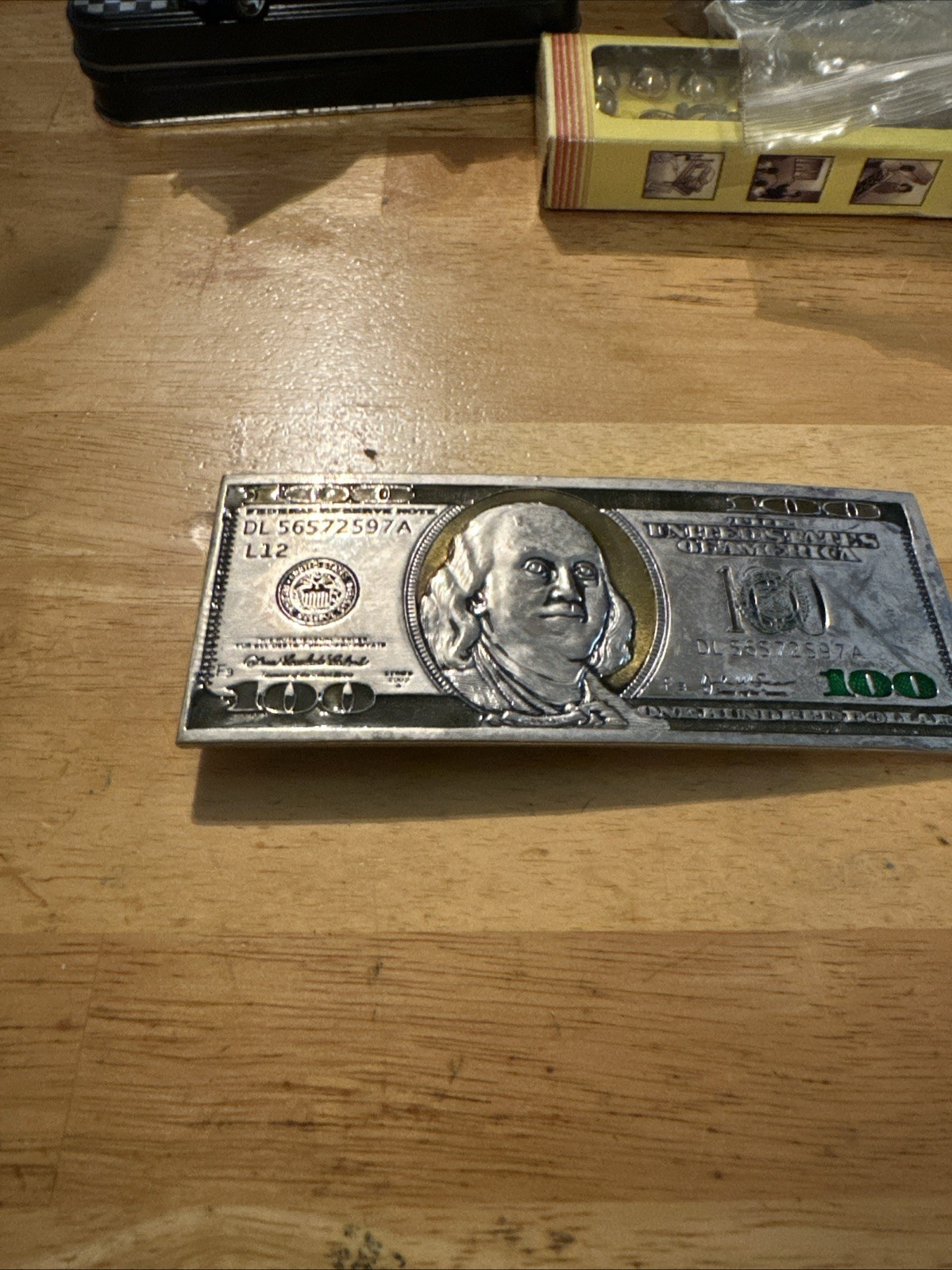 $100 Bill Ben Franklin Metal Belt Buckle 6.5in X 2.75in Silver Tone Prop
