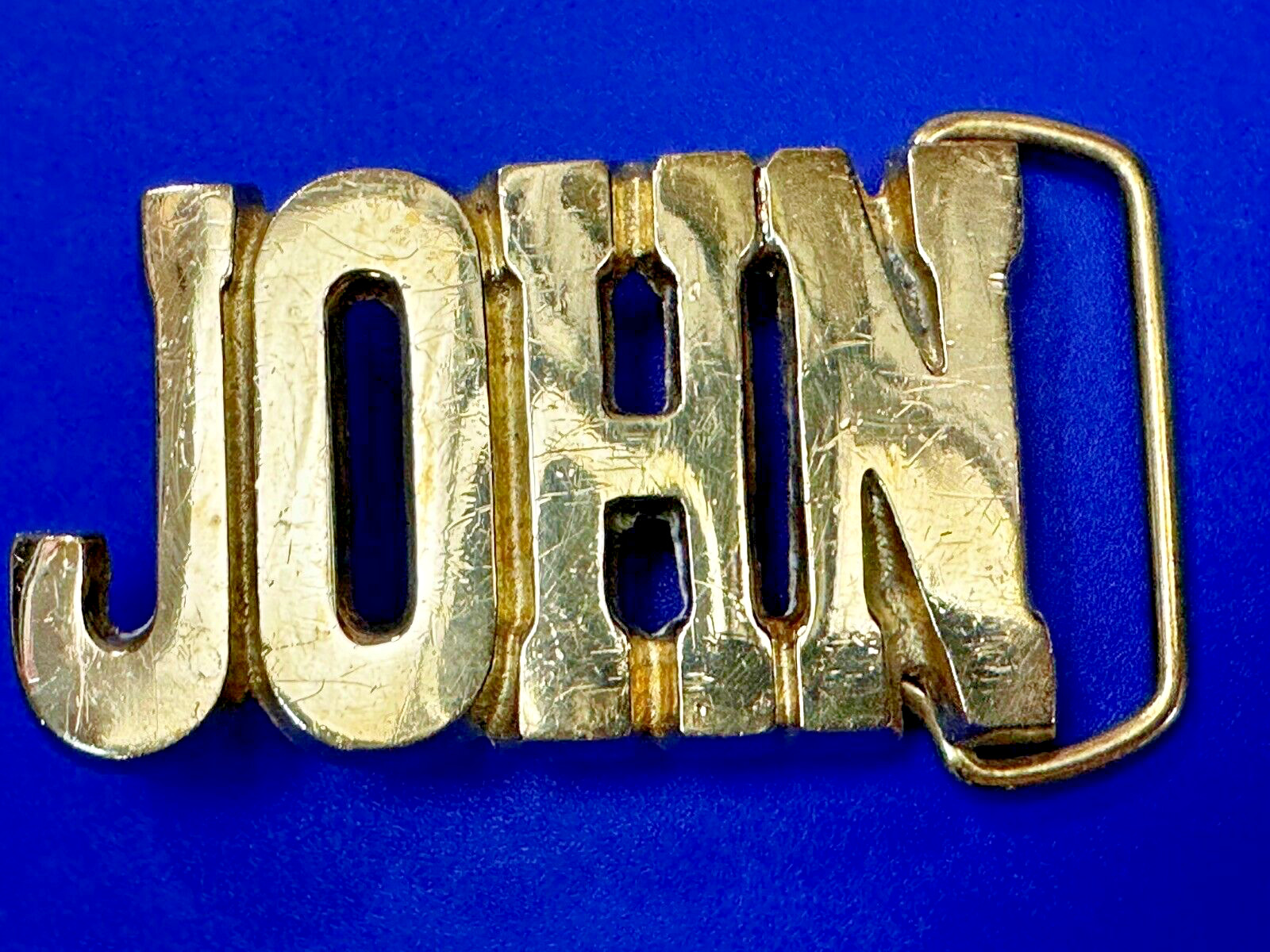 Custom Name JOHN Block Letters Cutout Gold Color Vintage Brass Belt Buckle
