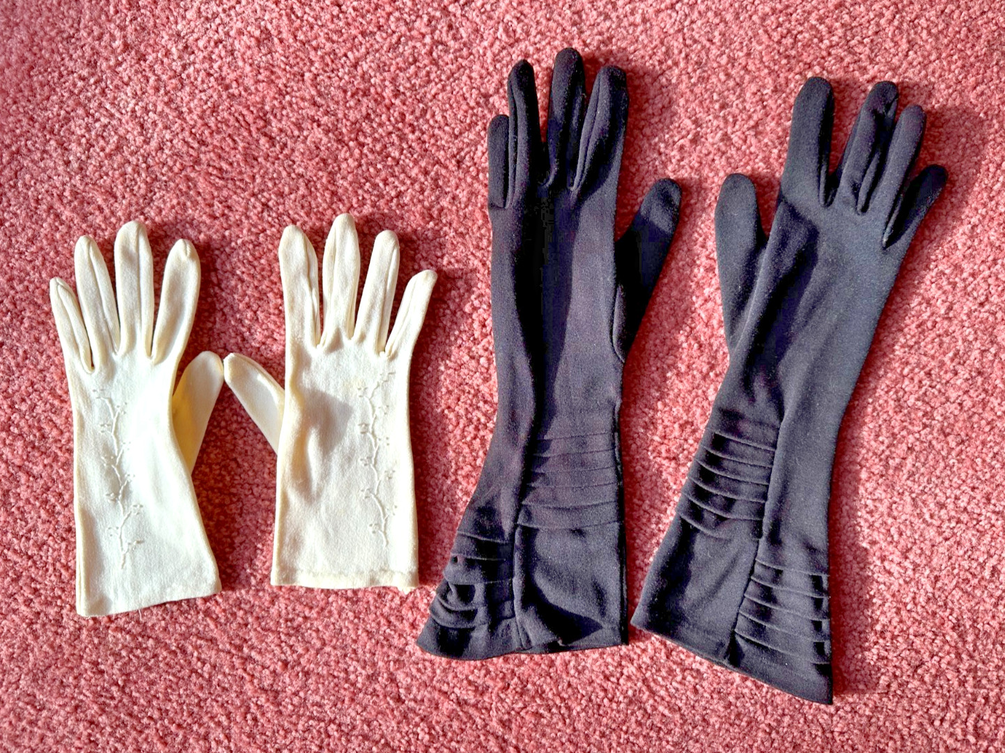 Two Pair of Pretty Detailed 1950s Long Black and Short White Vintage Gloves