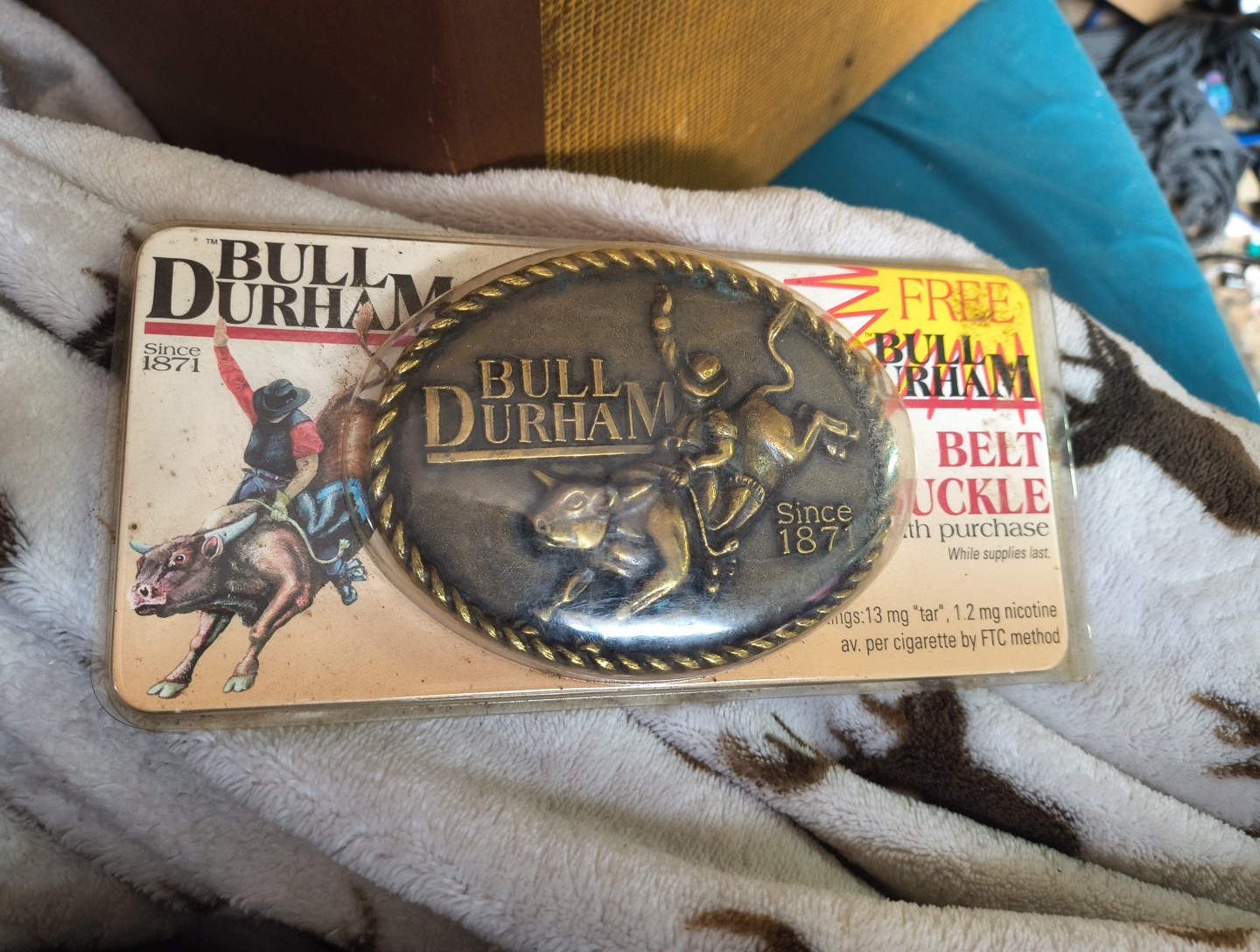 Bull Durham Bull Riding Belt Buckle Vtg 80s Tobacco Promo in Packaging .XTT938.A
