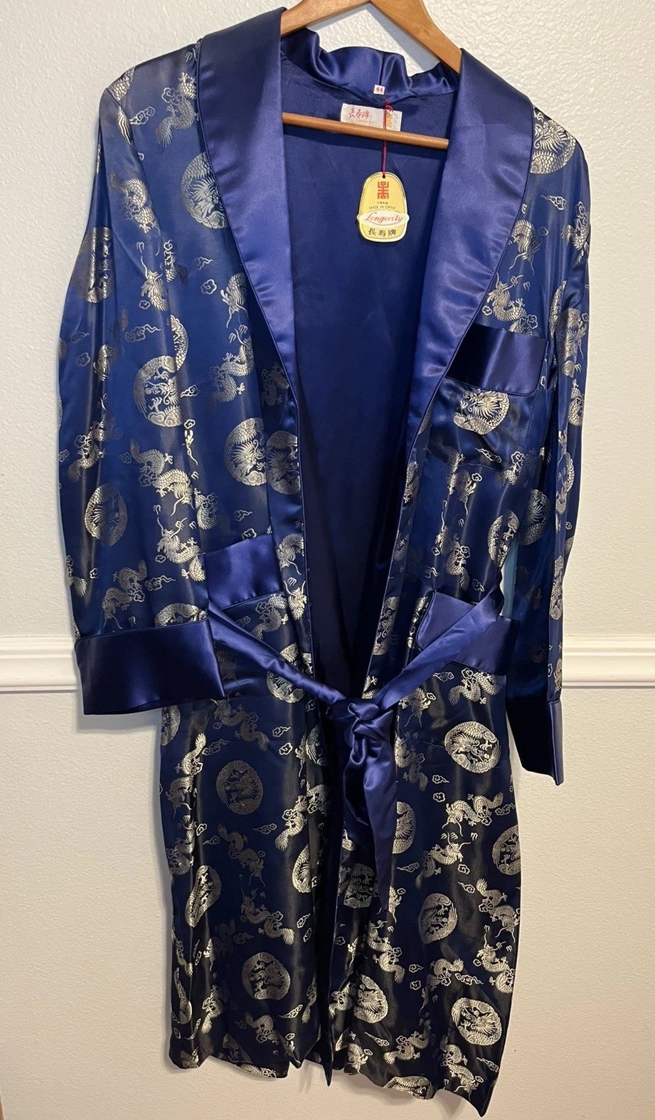 Vintage Hangzhou China Longevity Dragon Satin Smoking Robe Blue Men’s 44 M