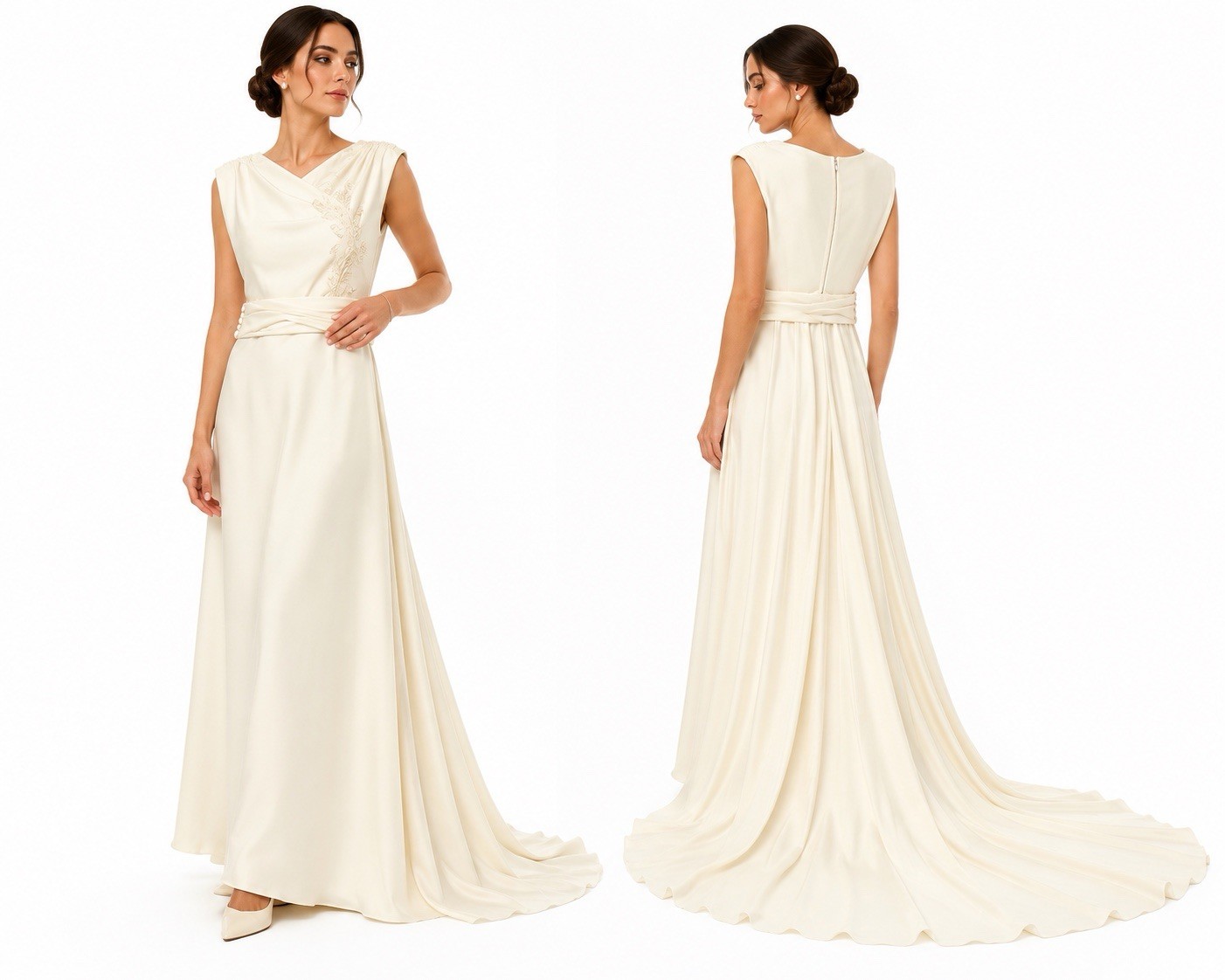 vintage ivory WEDDING DRESS medium draped pearl applique chapel train bridal