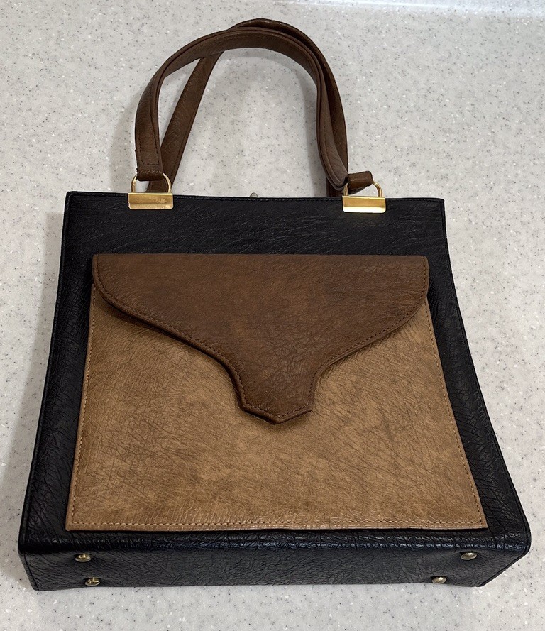 Vtg BERNE California Purse Handbag~Brown Tan Black Leather~Gold Tone Hardware