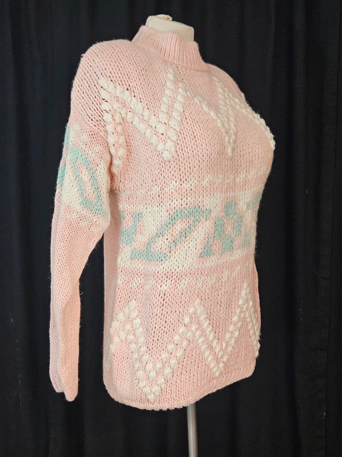 GENOA Collection Vintage Pink+Teal+White Knit Sweater Size M Feminine Pullover