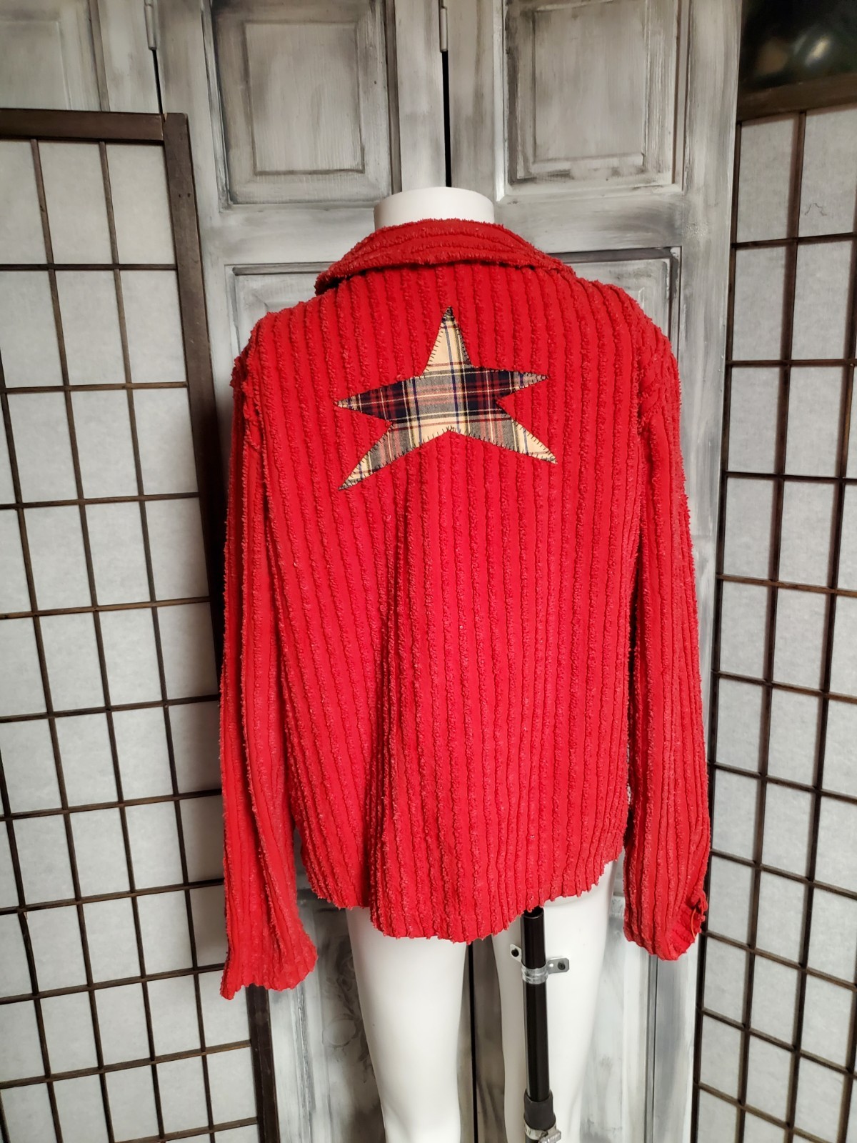 M-L vtg Applique Quilt Art Jacket Logo Club 80s 90s Chenille Cottage Blazer Coat