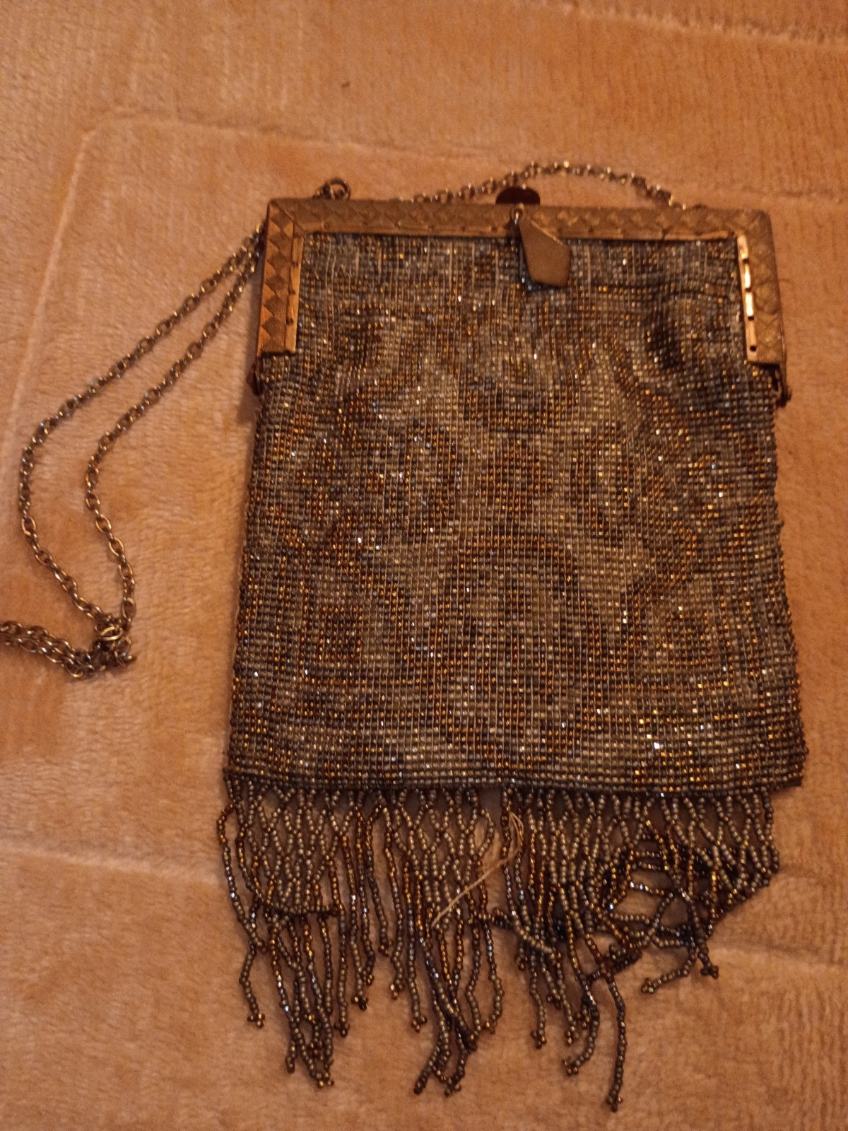Antique French Micro Steel Bead Purse Vintage Metal Bead Fringe Flapper Bag