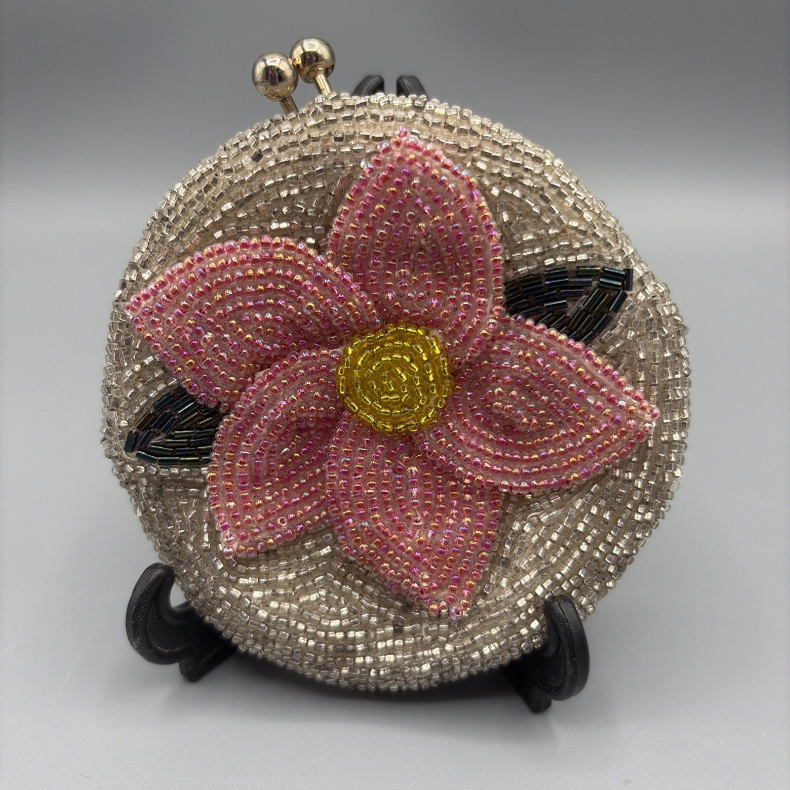 Vintage Glass Seed Bead Silver With Pink Flower Coin Change Purse Kiss Lock