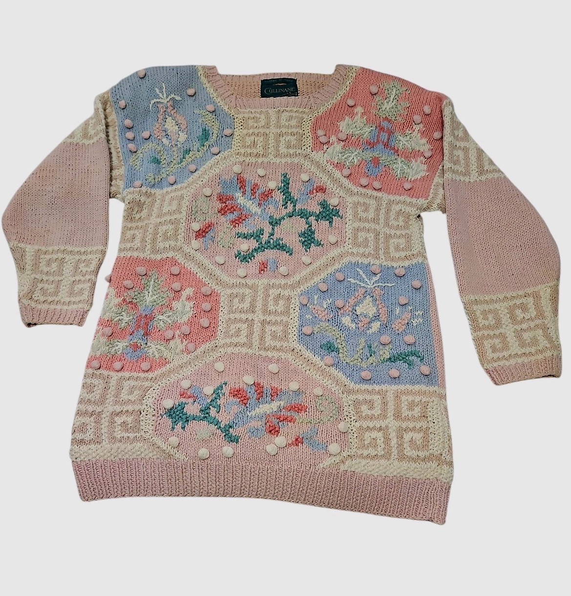 Vntg 80s Cullinane Chunky Hand Knit Sweater Floral Cottage Grandma Sz M
