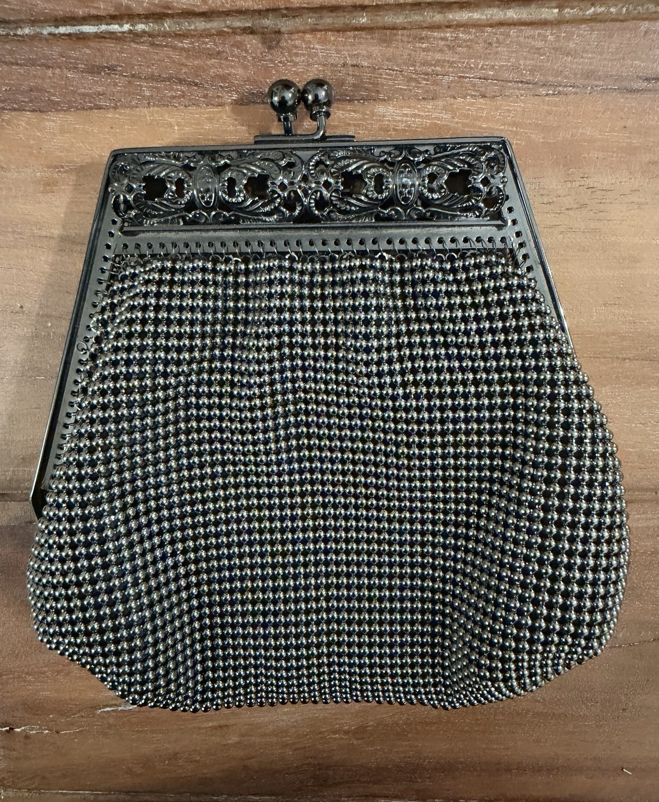 Vintage Black Gunmetal Mesh Evening Bag Kiss Lock Chain Purse