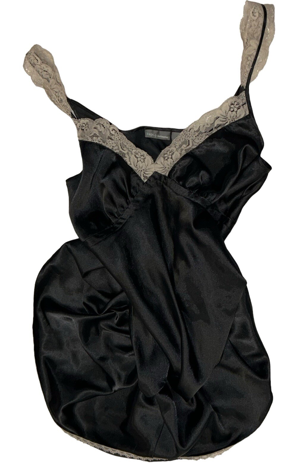 Apt. 9 Intimates Black Shiny Satin Ivory Lace Trim Nightie Nightgown Womens S