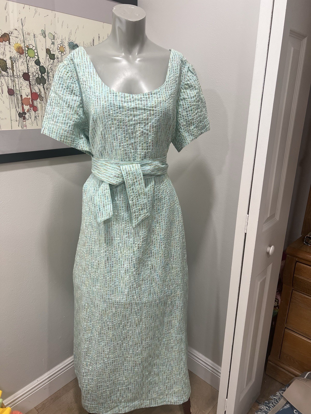 Homemade Seersucker SS Maxi With Long Obi Belt 70″. Pale Pastels. M/ L