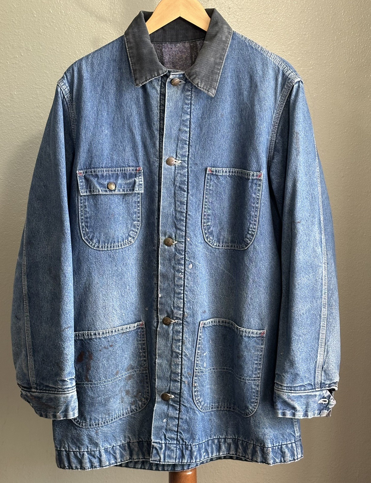 70s Vintage Sears Wool Blanket Lined Denim Chore Coat Jacket Size L