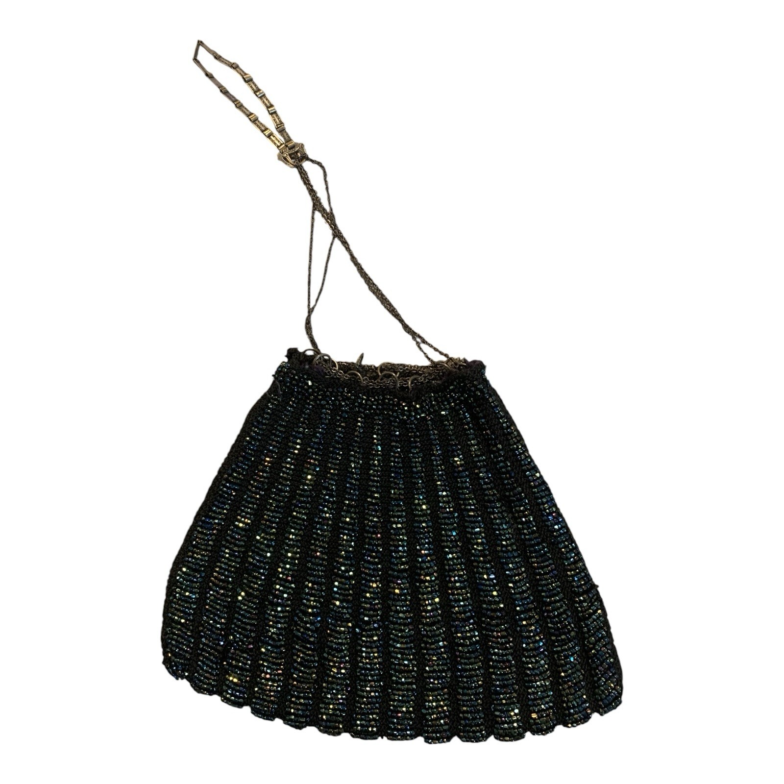Antique Beaded Fan Purse Evening Bag Drawstring Iridescent Peacock RARE