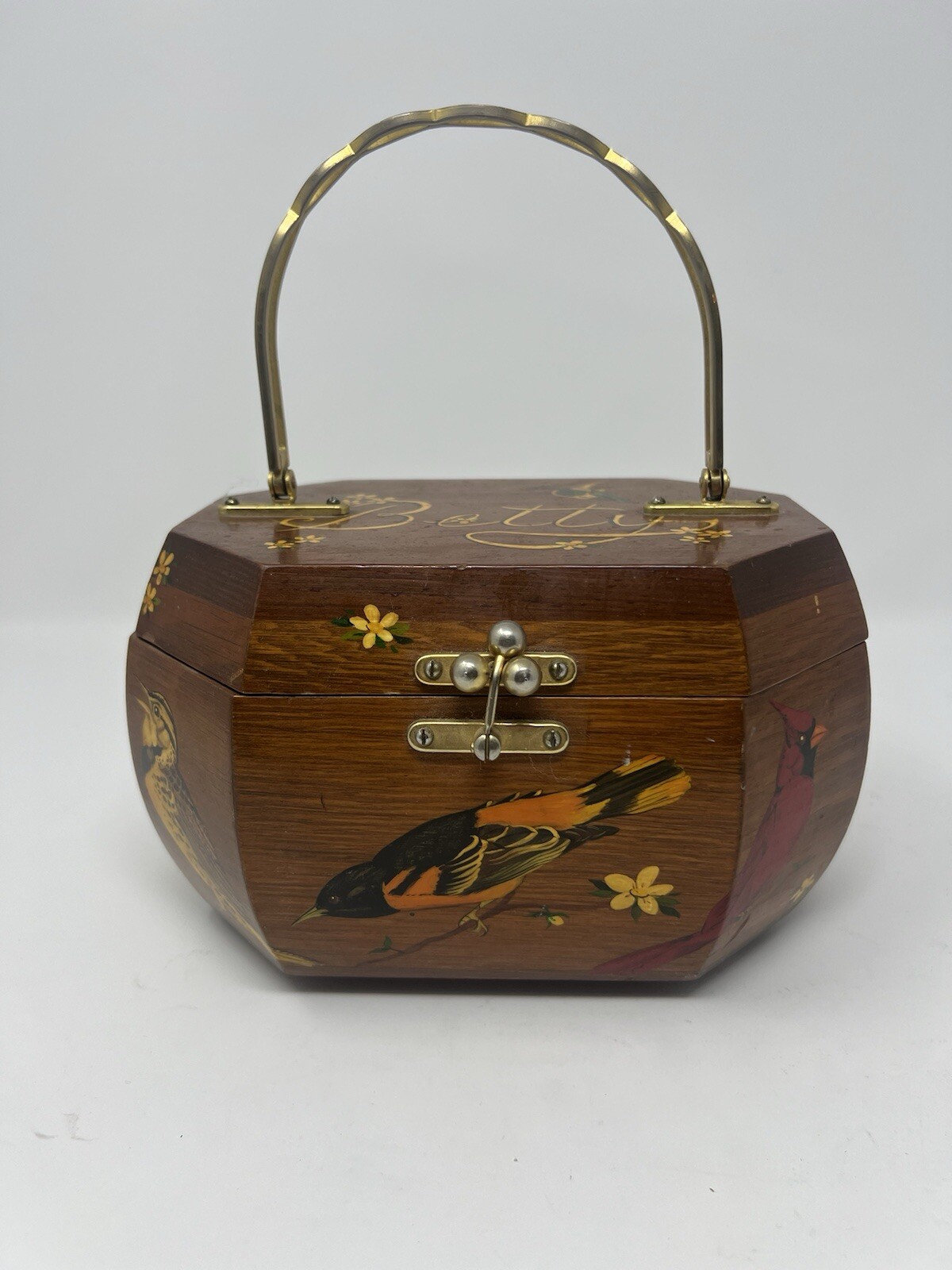 Vtg Wooden Decoupage Purse w/ Mirror – Velvet Lined- Birds Betty Vintage