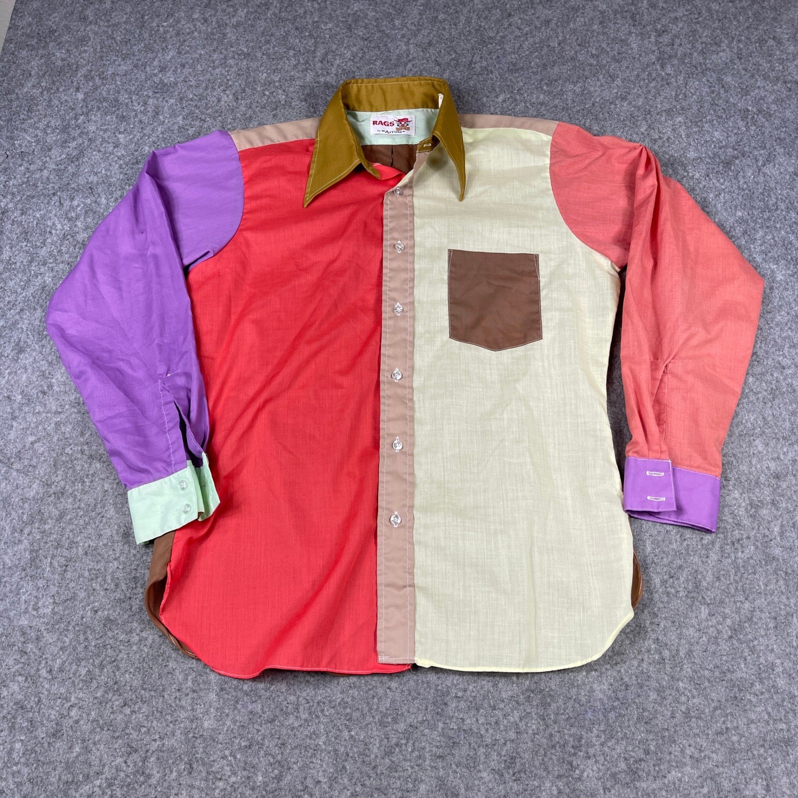 Vintage 70s Arrow Rags Colorblock Patchwork Button Up Shirt Mens Large Multi