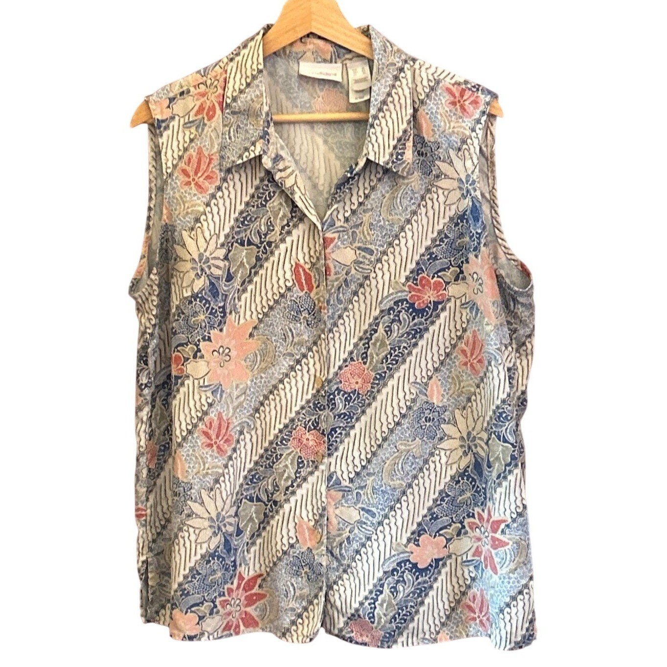 90s Liz Claiborne Silk Sleeveless Blouse Batik Floral Boho Coastal Grandma XL