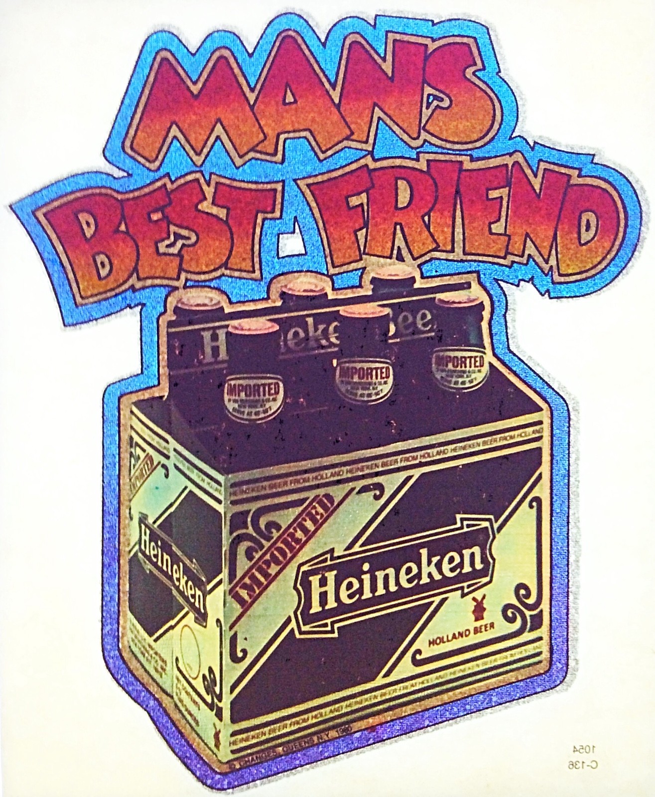 Original Vintage Mans Best Friend Heineken Beer Glitter Iron On Transfer
