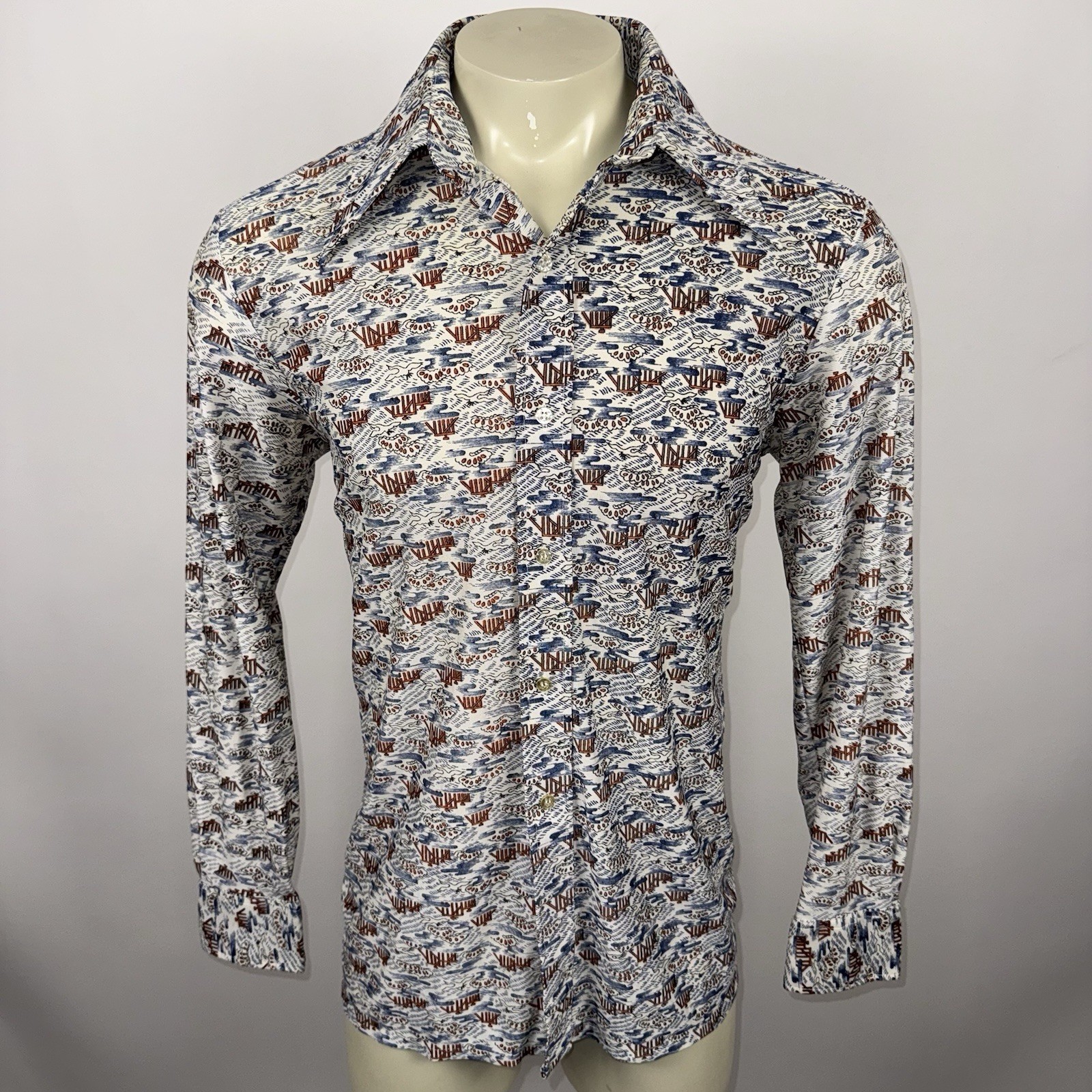 Vtg 60s 70s Nobility Knit Shirt Nylon AOP Dagger Collar Disco Mod Mens Large