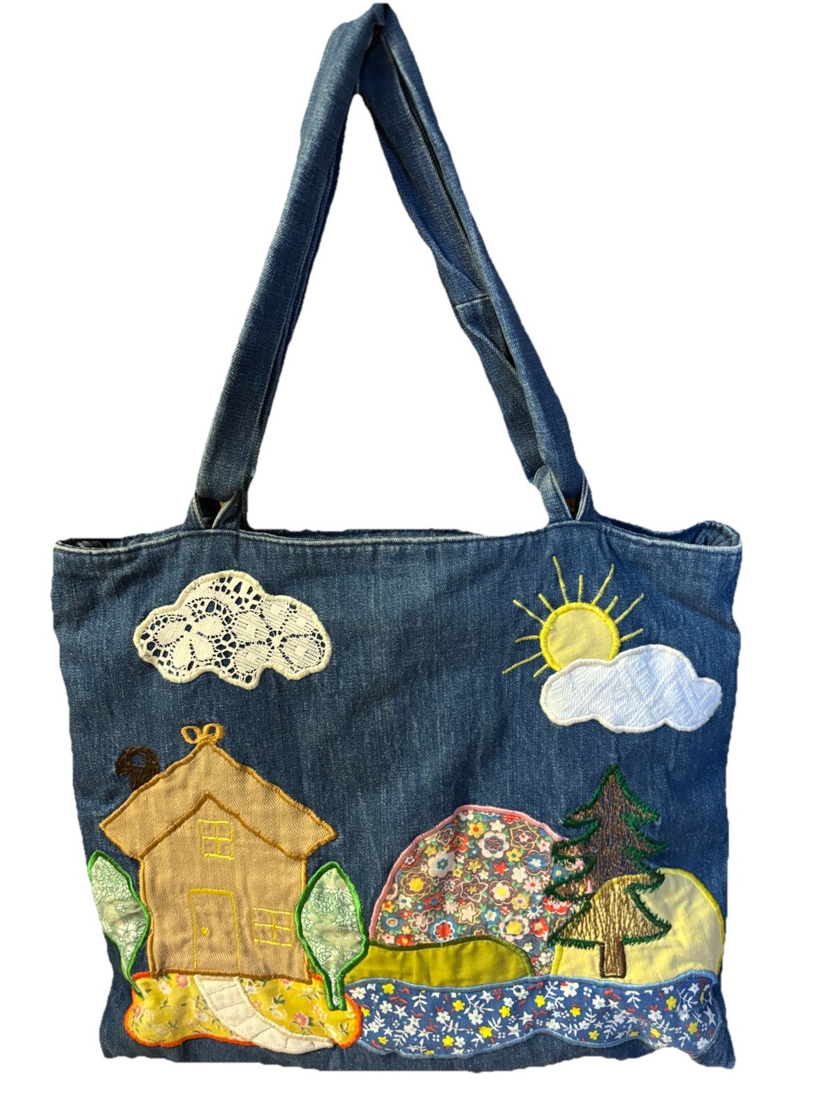VTG Denim Boho Chic Purse Tote Upcycled Embroidered Patchwork Hippie Adjustable