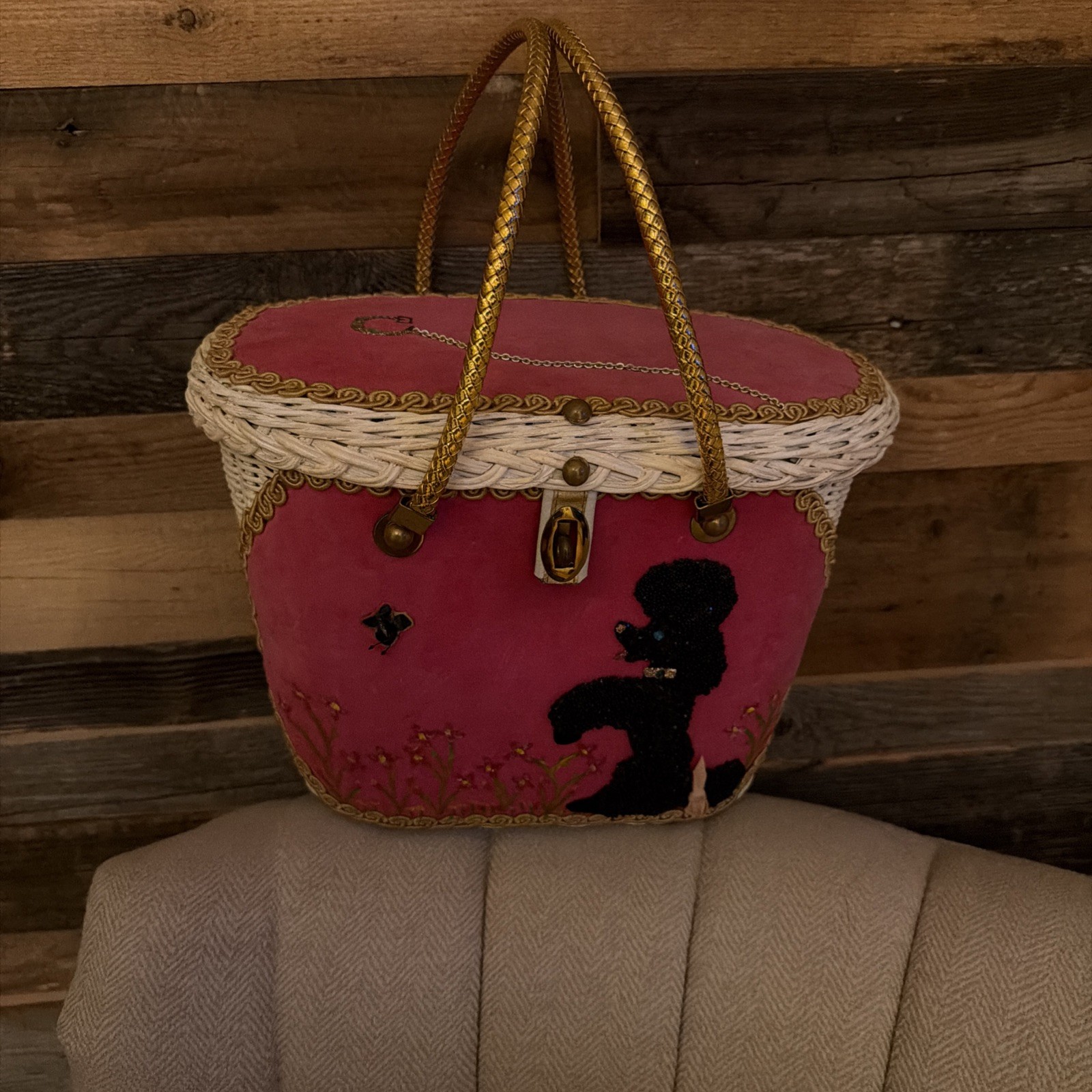 Vintage Midas of Miami Wicker Dog Handbag Purse Pink Poodle Gold Beaded MINT