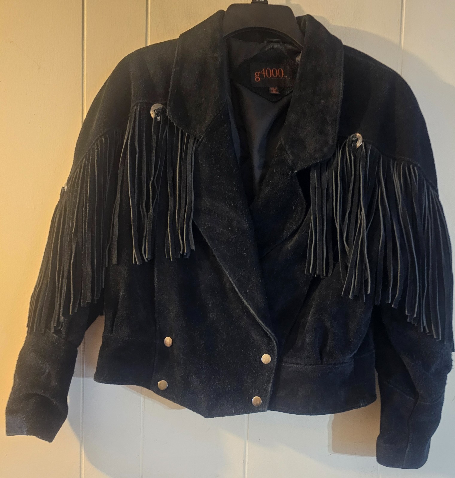 Vintage G4000 Size M Black Suede Leather Fringe Cropped Western Jacket