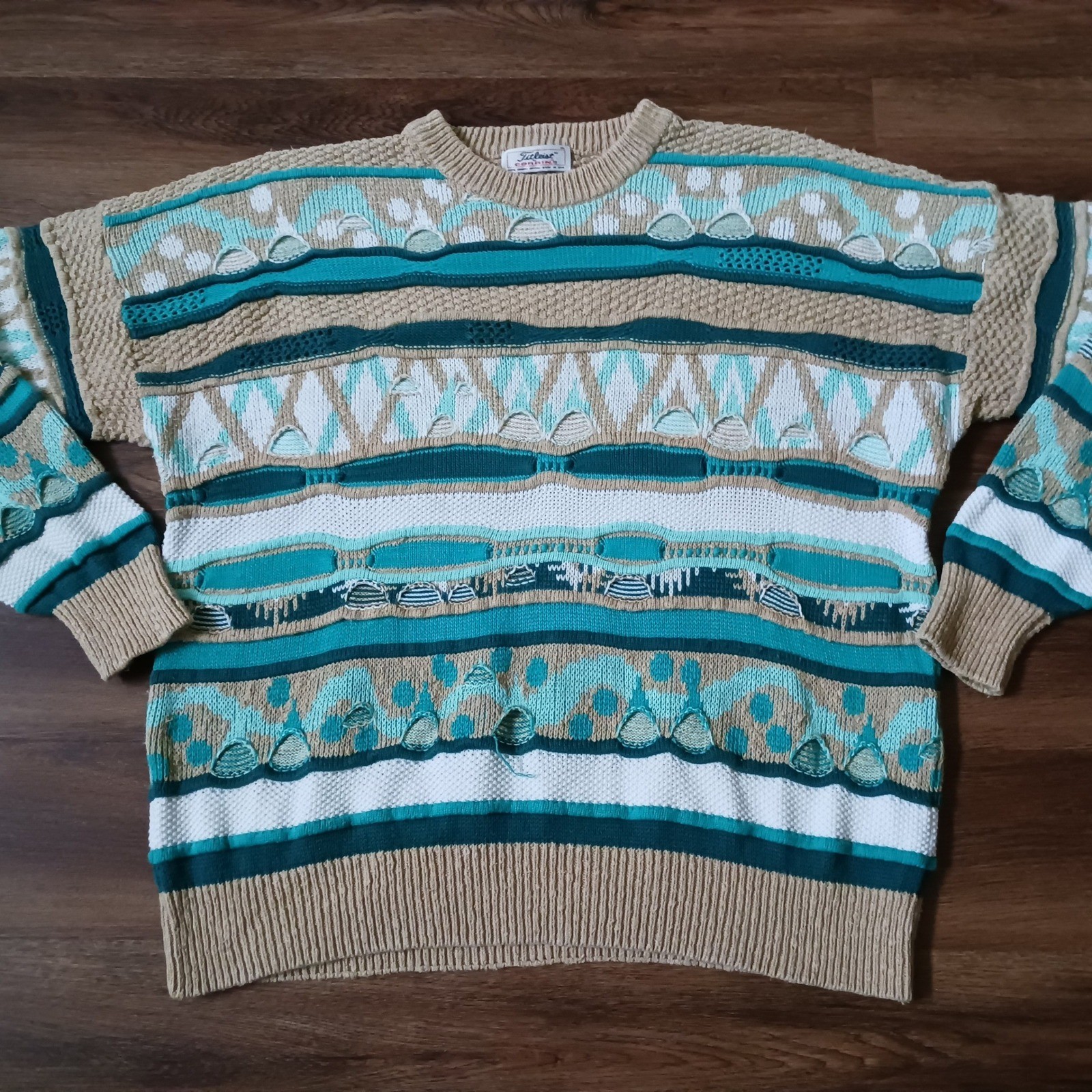 Vintage Titleist by Corbin 3D Knit Sweater Mens XL Teal Tan Cotton Made in USA
