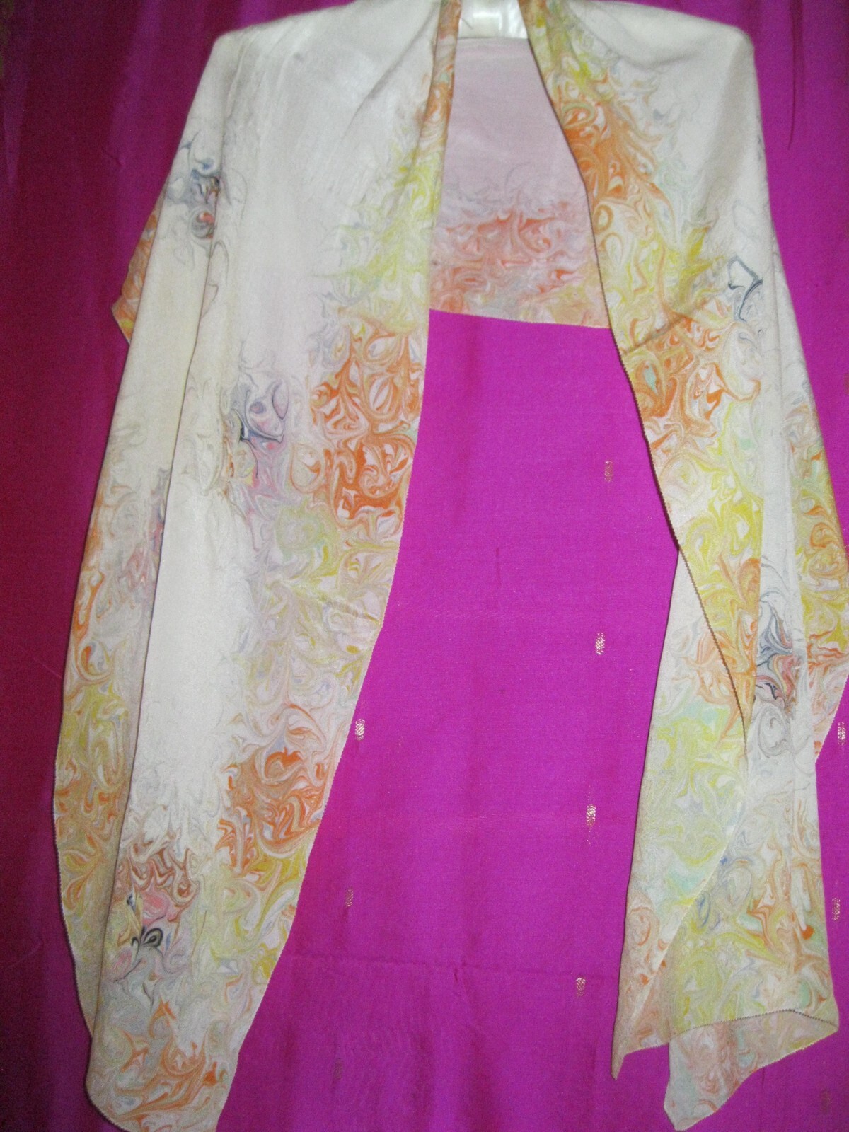 VINTAGE LONG SILK SCARF OR WRAP IN ORANGE & CREAM SWIRLS, 67″ LONG BY 17 1/4″