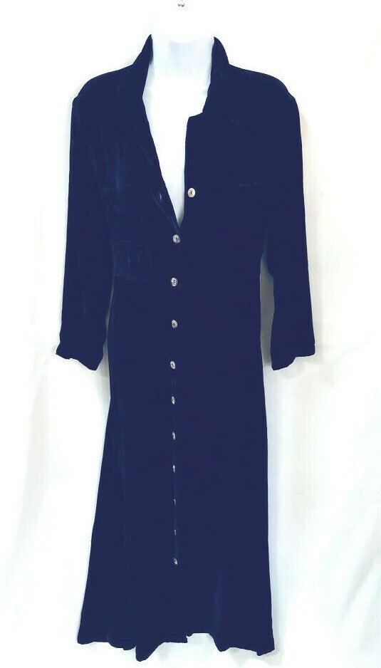 Wonderful 80s VTG Sapphire blue crushed velvet button down maxi dress size small