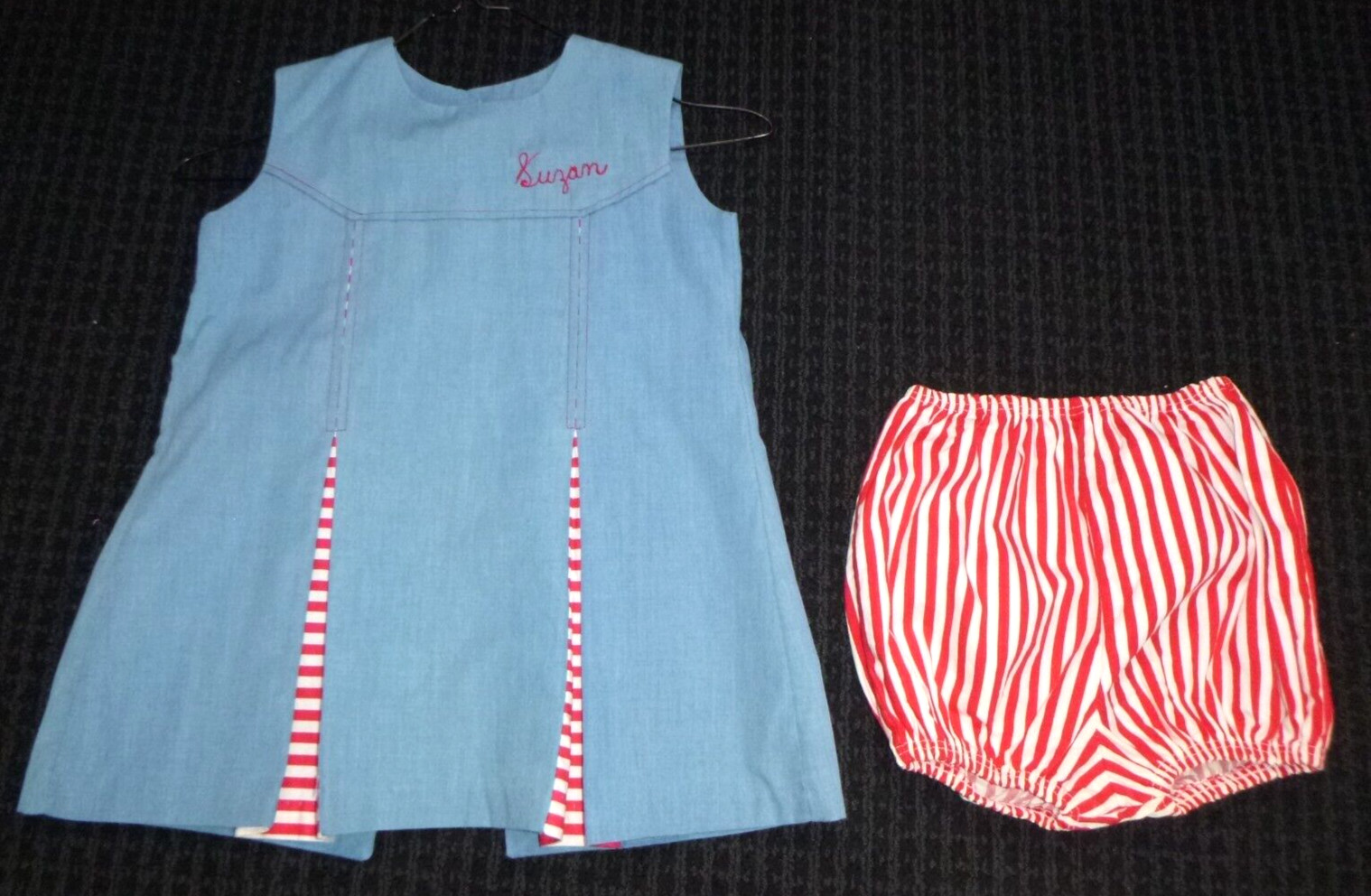 Vtg Cotton Dress & Bloomers King Kole Togs BLue Chambray Red White Stripe SZ 6X