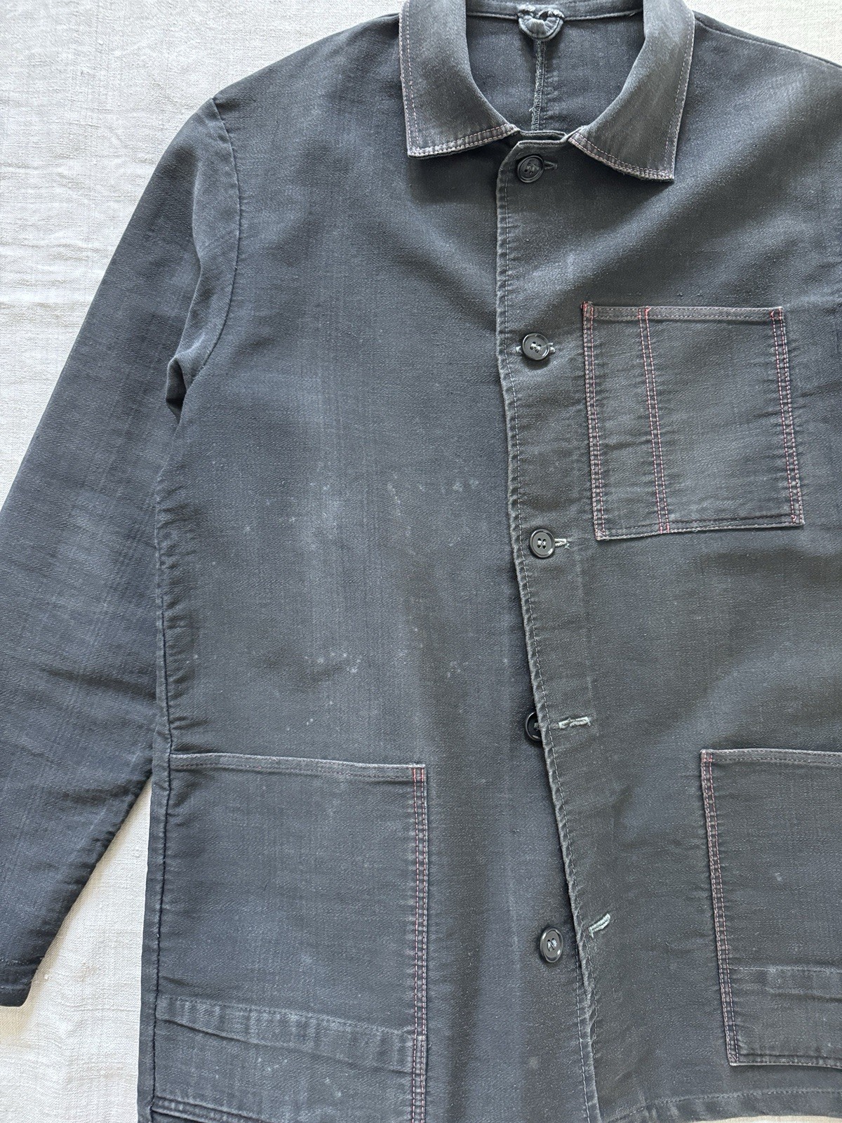 70s vintage Soviet workwear faded black moleskin French work jacket chore coat M