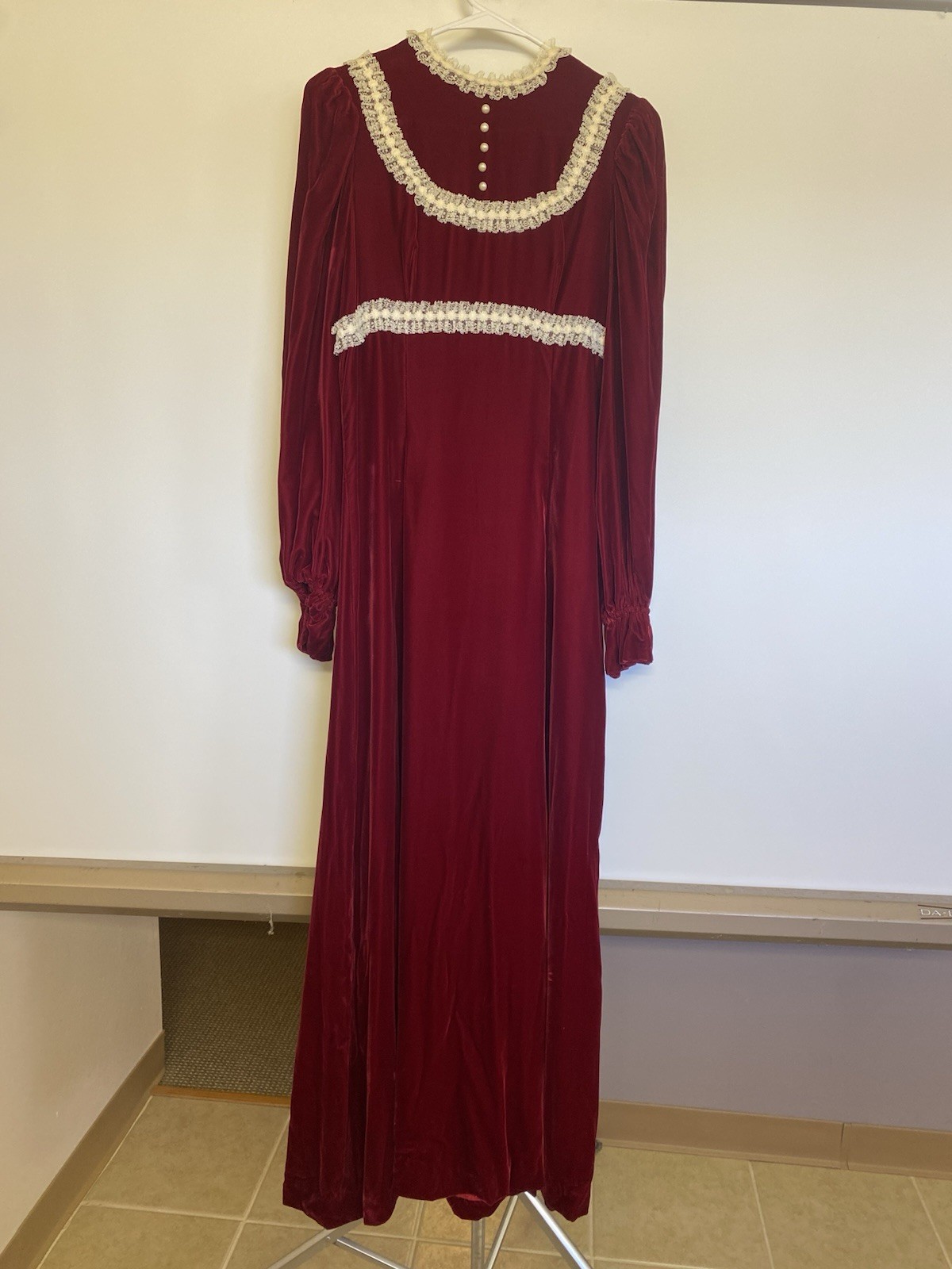 Vintage 70s Red Velvet Lace Pearl Button Gown, Hand Finished Size XS 15” PTP