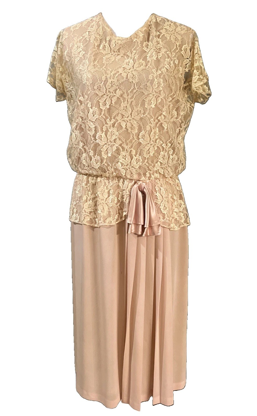 Vintage 1980s Riccardo Lace Blousson Occasion Dress Peach Champagne Sz L