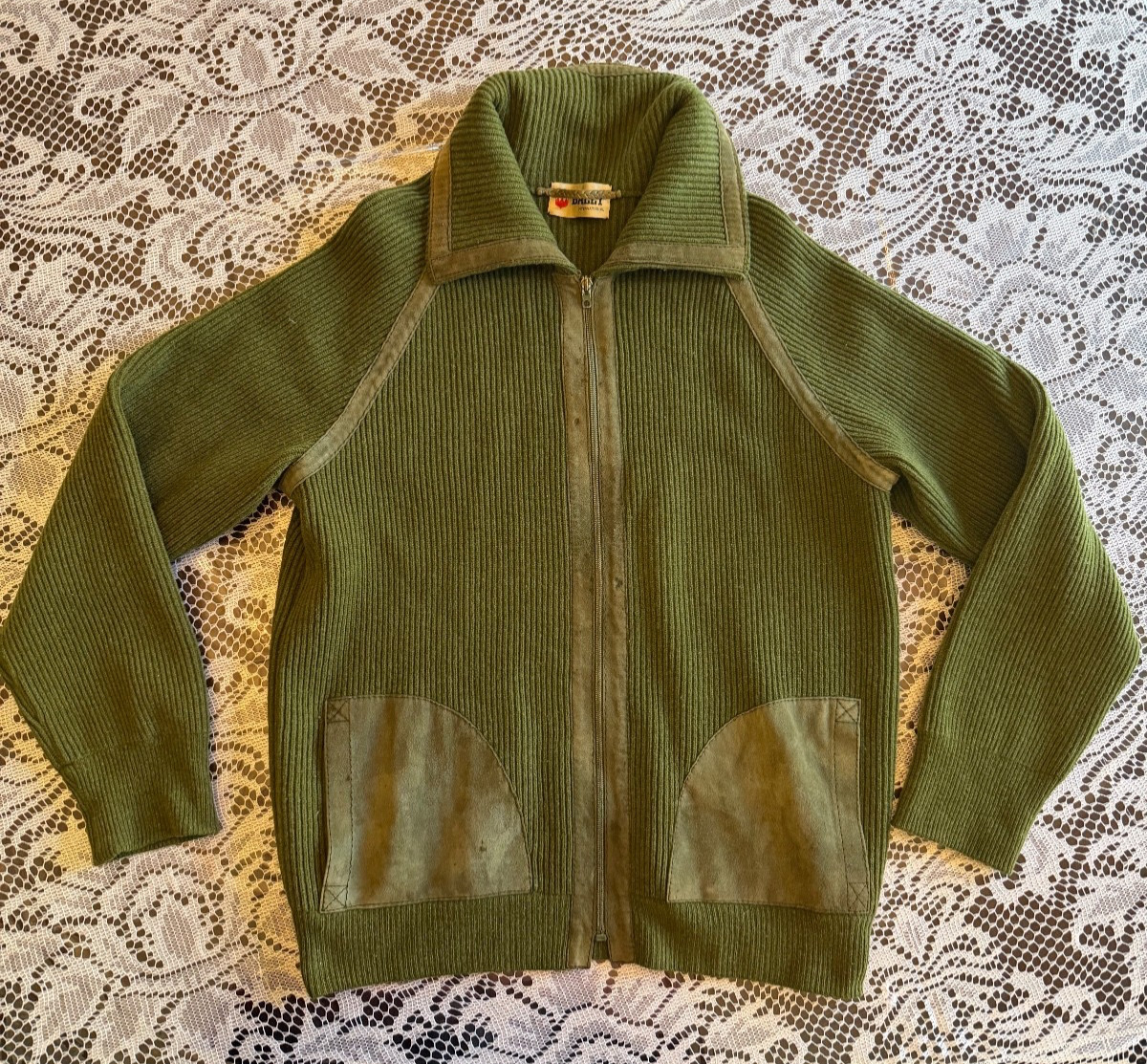 Vintage BALLY International Olive Green 100% Wool Suede Patch Cardigan Sweater L