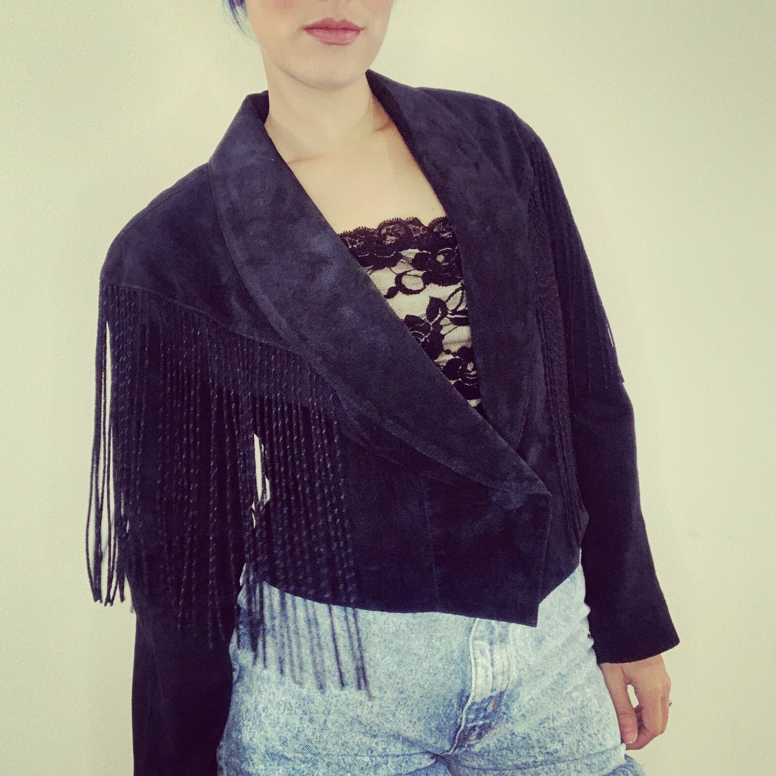 Vintage 80s Fringe Jacket Glam Rock Western Black Suede Leather Bomber Jacket