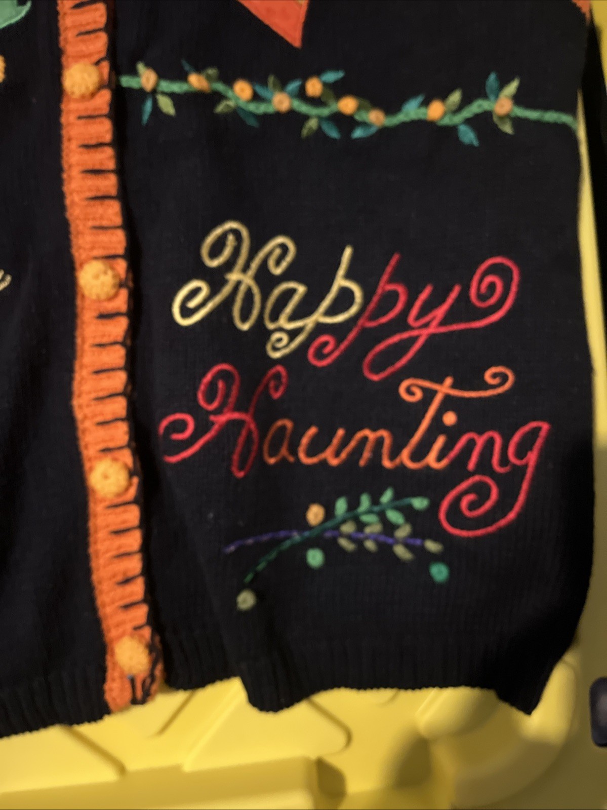 Vintage Yarn Works Happy Haunting Halloween knit vest Pumpkin Teddy Bear M