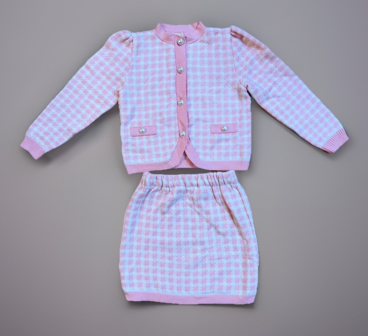 Vintage BABY TOGS Girl Sweater Skirt Set Sz 6 Pink Houndstooth Cardigan Buttons