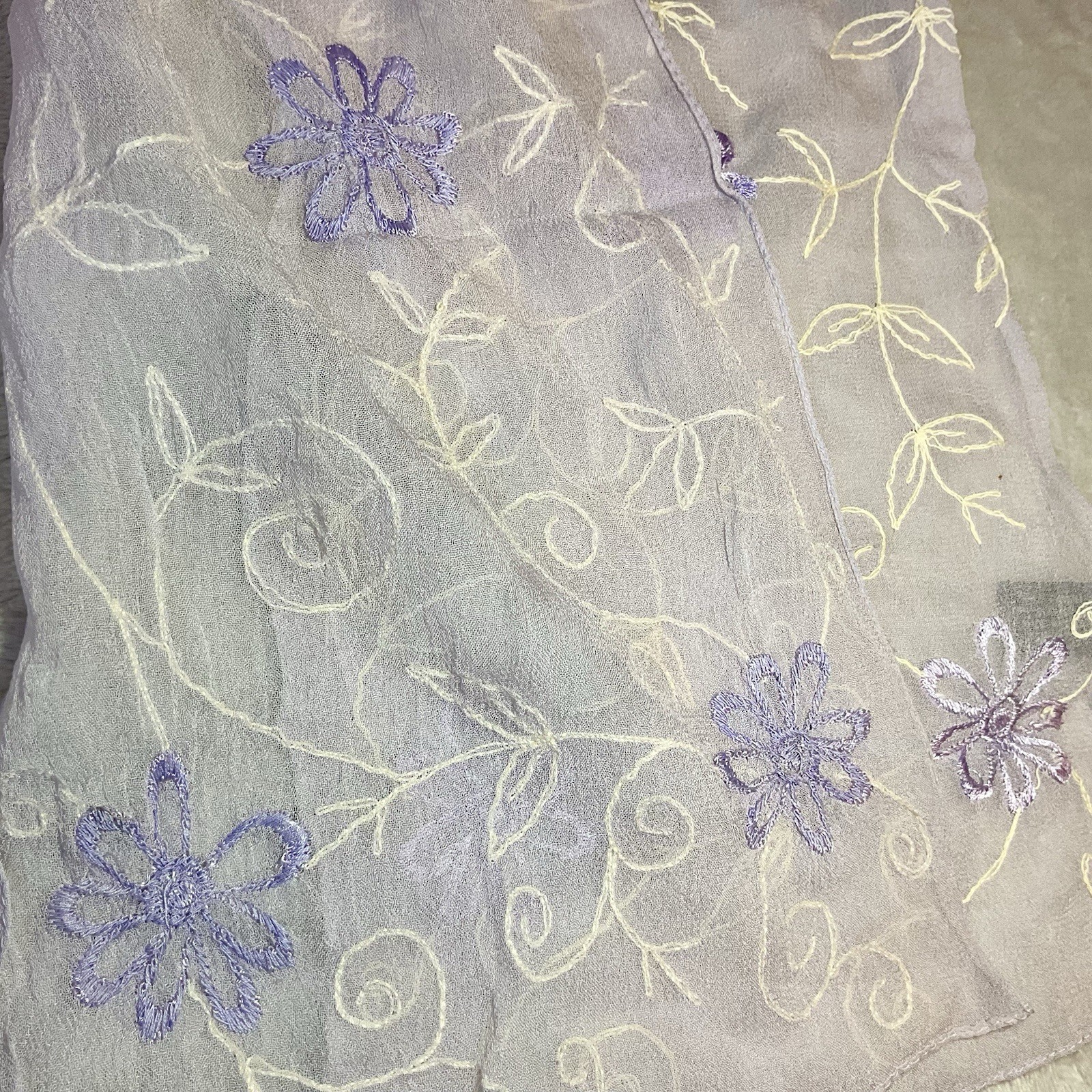 Vintage Berkshire Scarf Chiffon Rayon Lavender Purple Embroidered Floral 53 Long