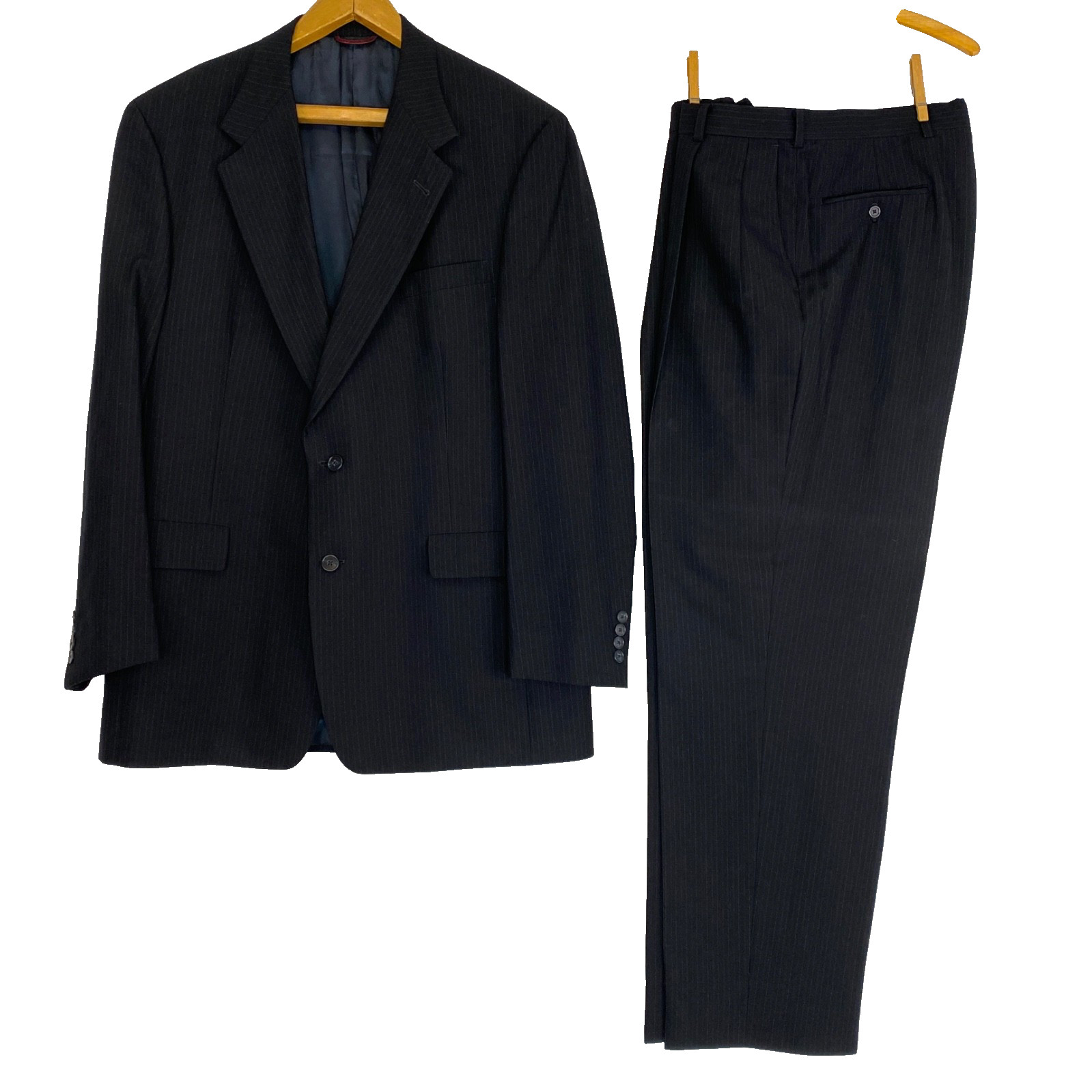 Vintage 1990s men’s navy suit 44 L pinstripe wool dark blue jacket pants set