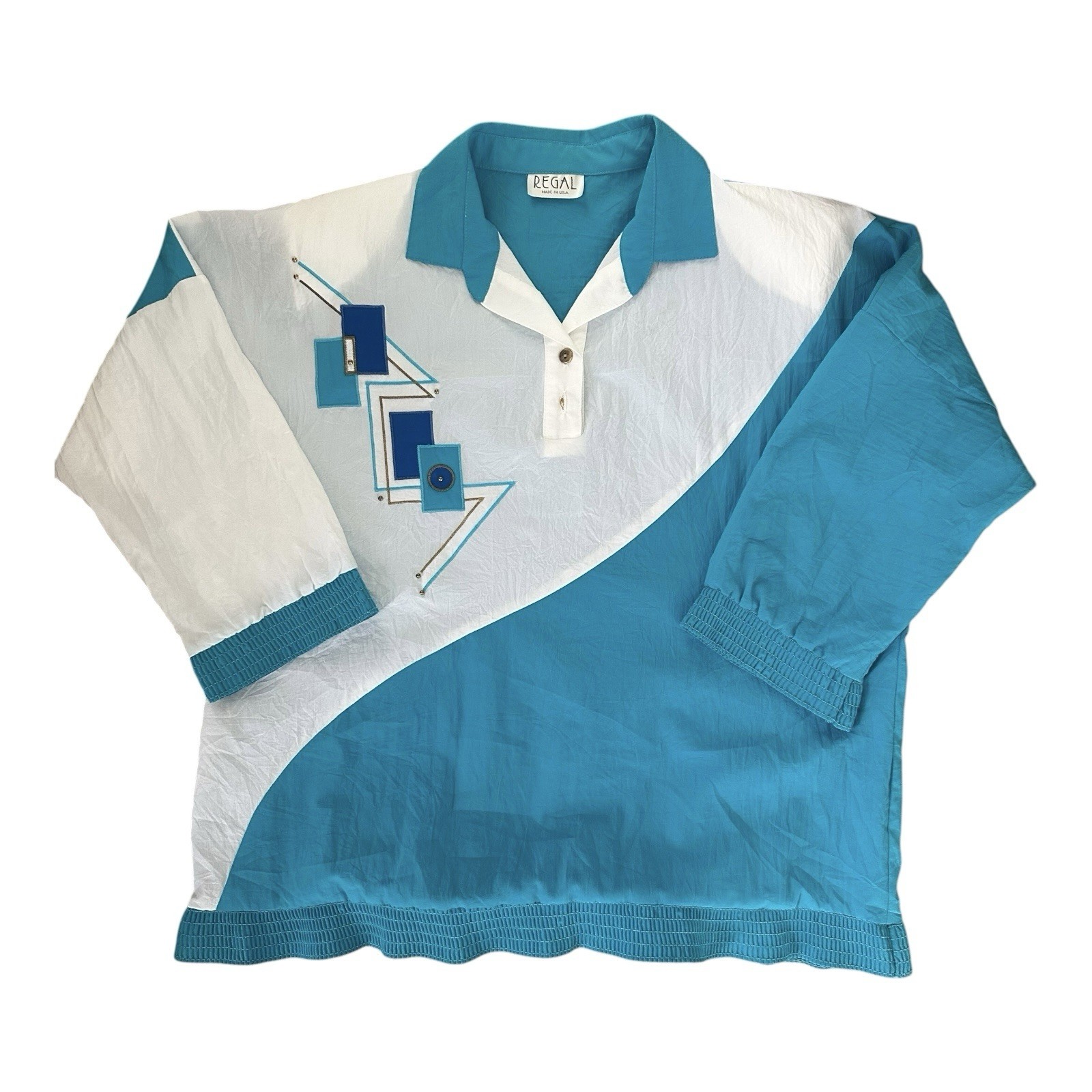 Vintage Regal USA Abstract Geometric Pullover Top Teal Blue White 80s 90s Unisex